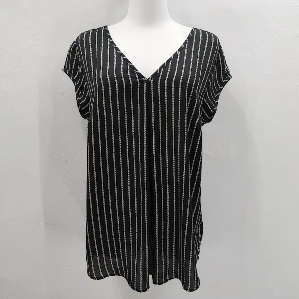 Halogen Striped Sheer Blouse Cap Sleeve V-Neck Nautical Women's Black Medium